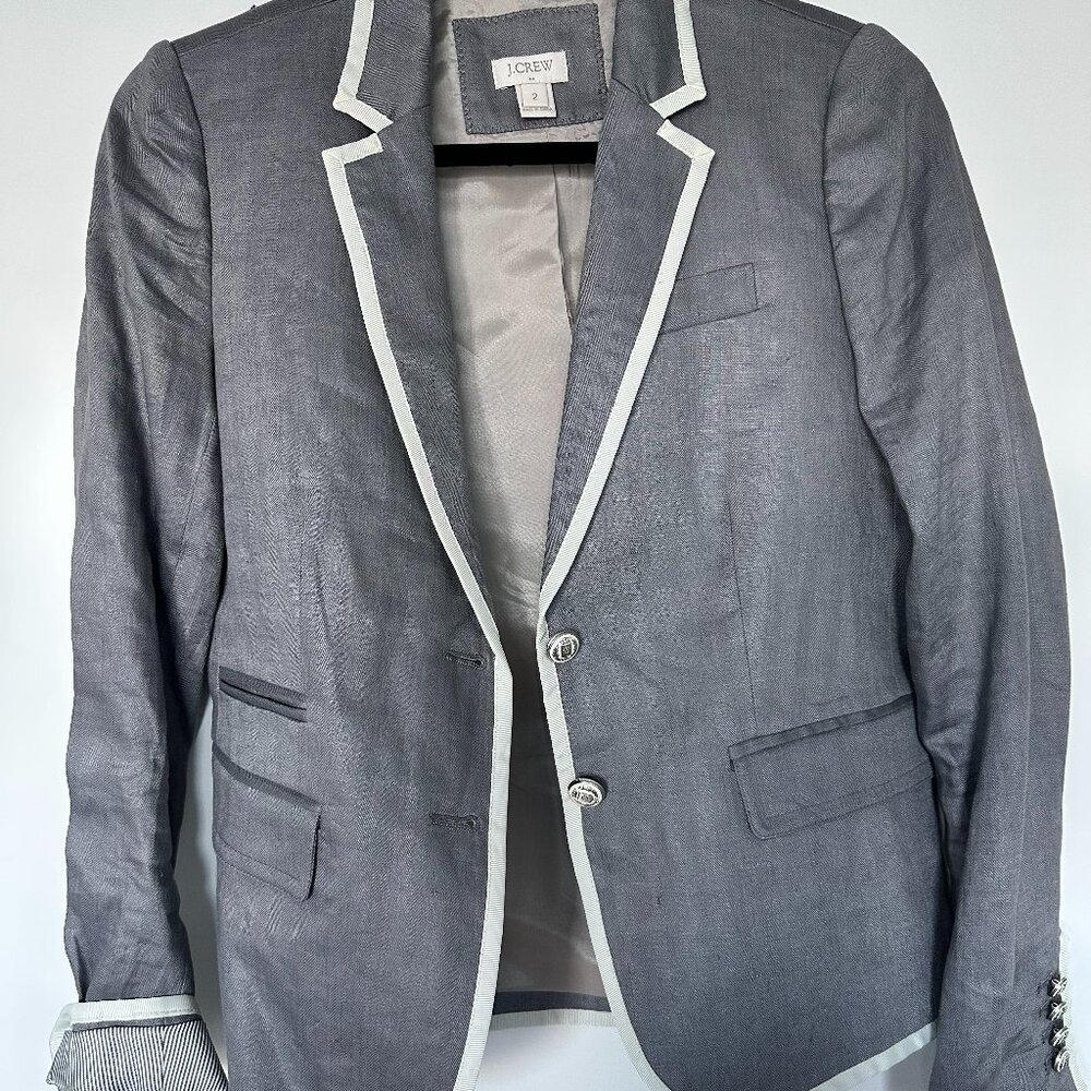 J. Crew Schoolboy Blazer Gray Linen White Tipping Sz 2 Preppy Career